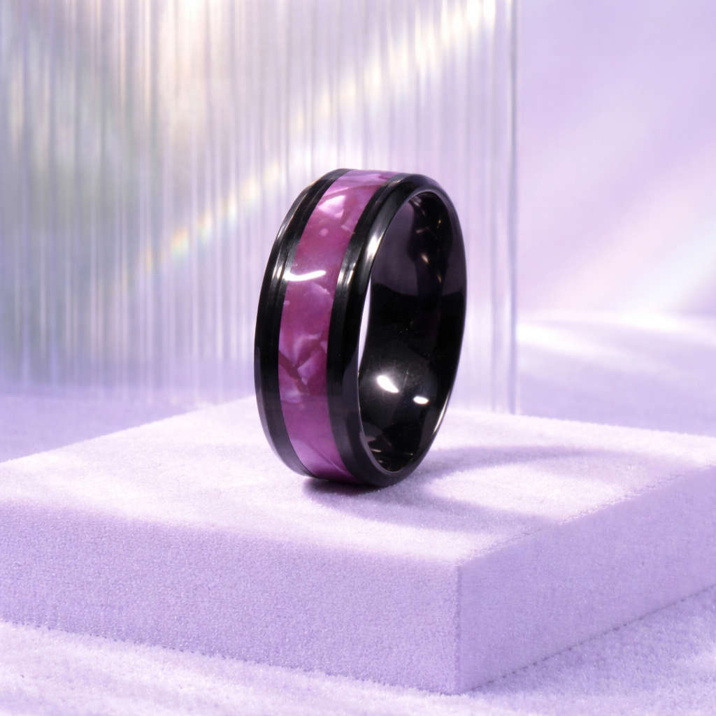 HR013 Black Tungsten Ring with Purple Opal Inlay