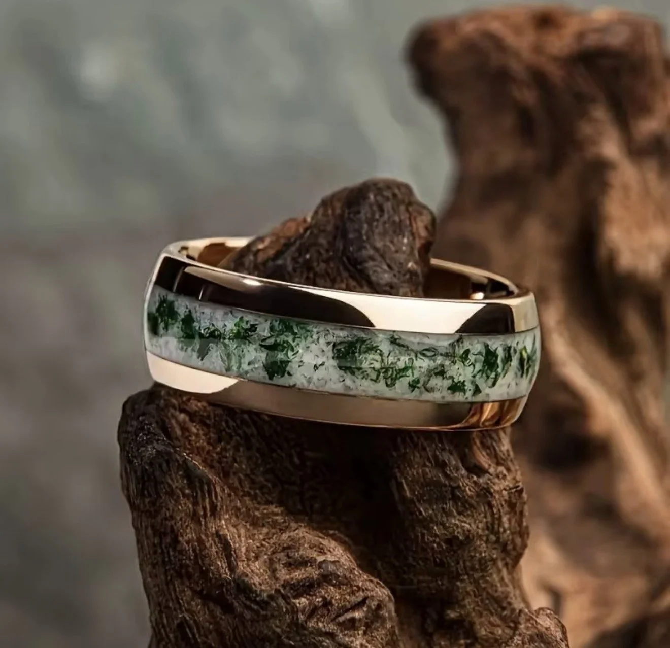 Nature-Inspired Gold Band with Green Inlay