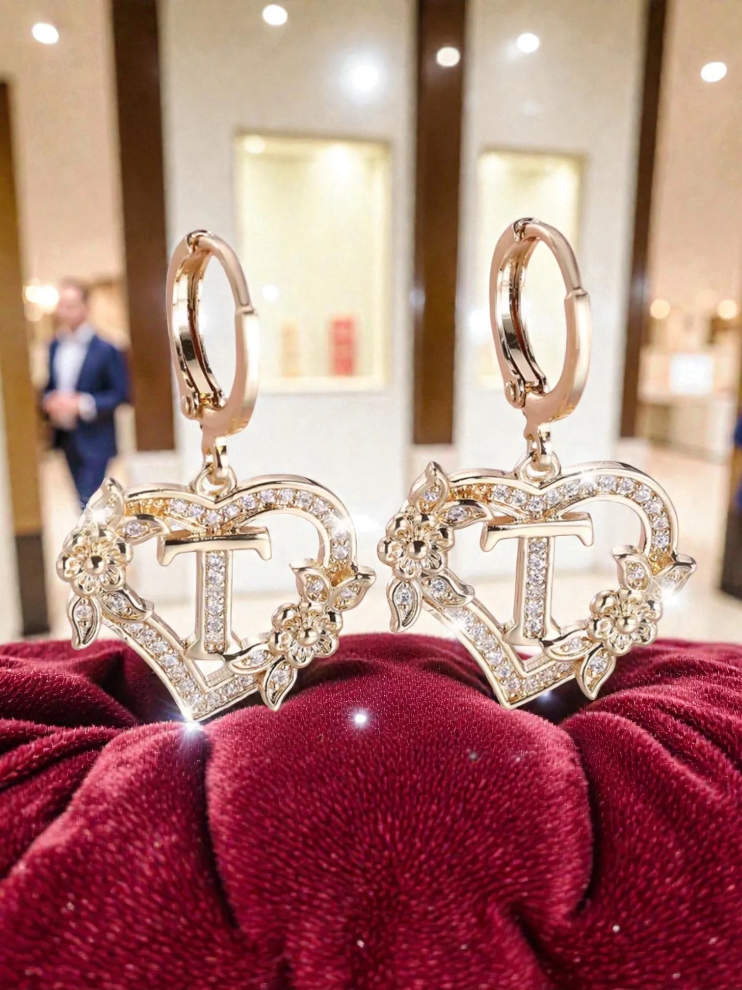 L120 Sassy's Pearls & Gentlemen Band'S Floral Initial "T" Hoop Earrings; Heart & Floral Elegance Earrings