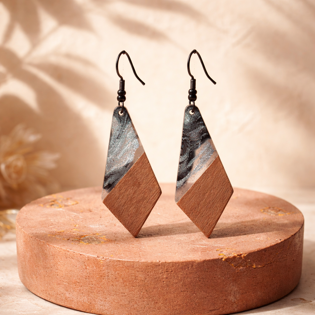 E27 Handcrafted Geometric Wood and Resin Earrings