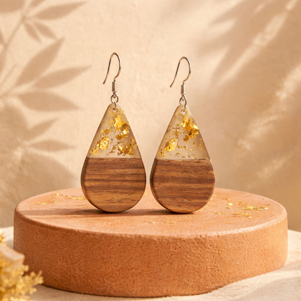 E06 Hyperallergic Exquisite Teardrop Wood and Resin Earrings