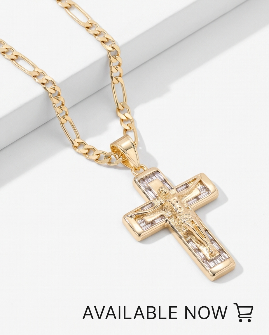 14K  22'' Figaro Filled Gold Plated Cross Pendant Necklace