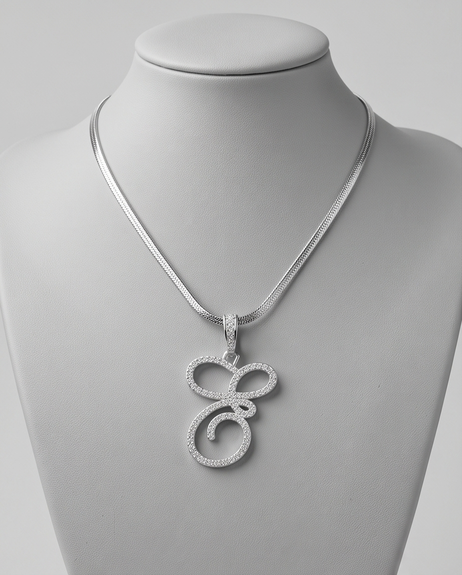 Large Multi-Cubic Zirconia Shaped Letter "E" With Red Box and Option for Herringbone Necklace (Limited of Edition)