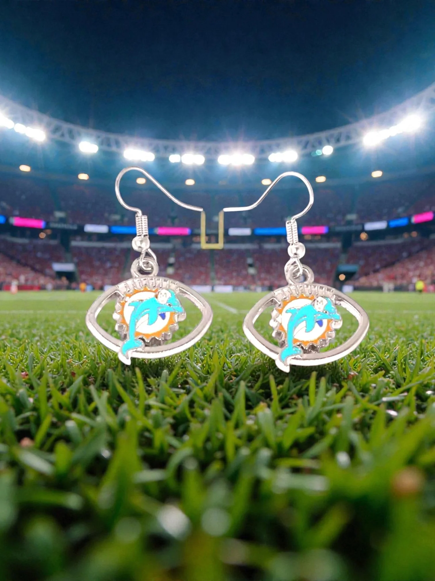 E101 Miami Dolphins With A Football Curve Earrings