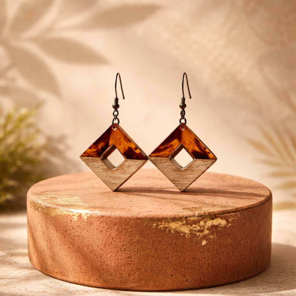 E18 Geometric Tortoiseshell and Wood Dangle Earrings