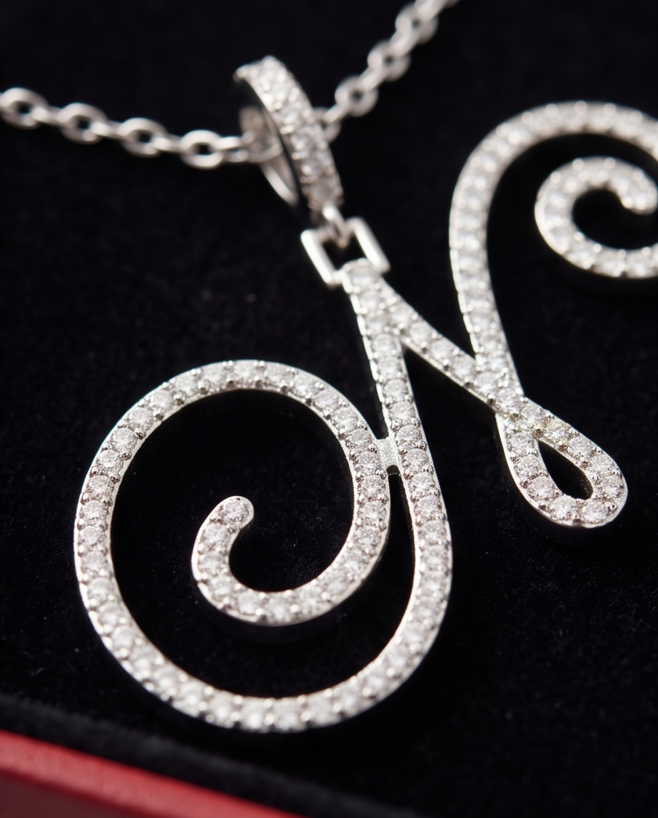 Large Multi-Cubic Zirconia Shaped Letter "N" With Red Box and Option for Herringbone Necklace (Limited of Edition)