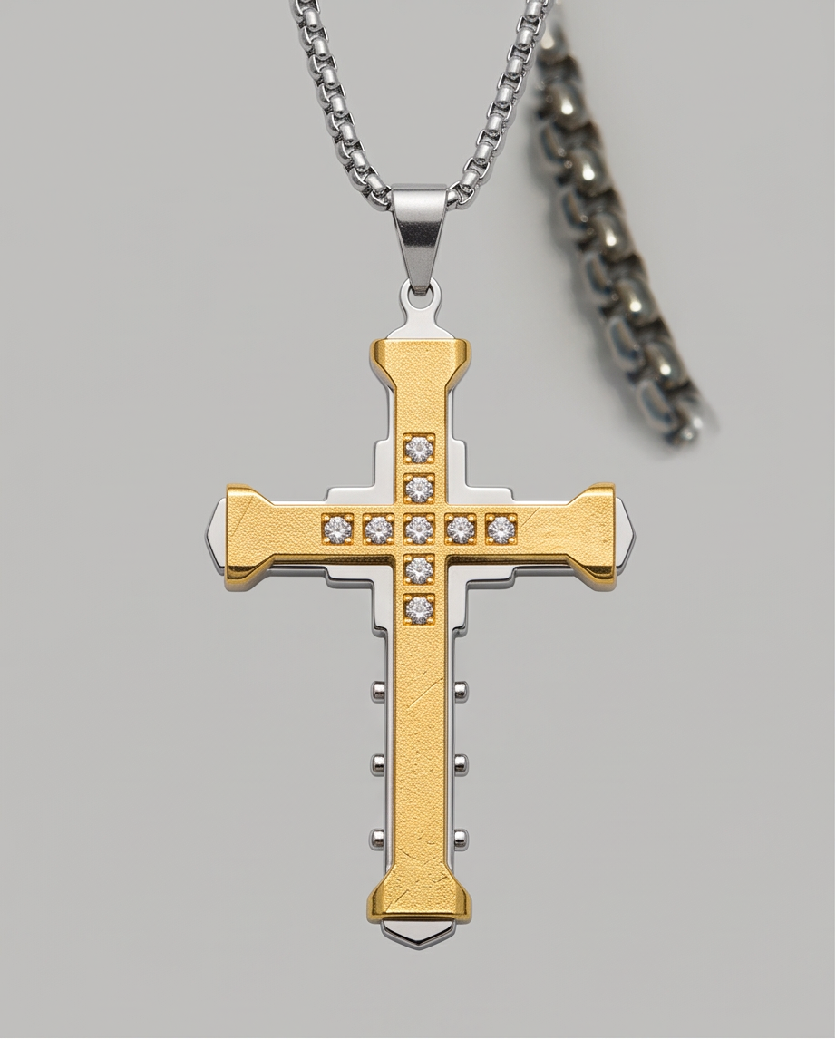 Stainless Steel Gold-Tone Cross Pendant Necklace