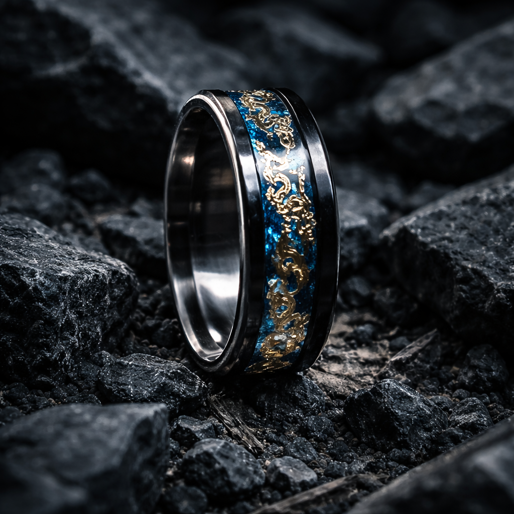 BB005 Black Tungsten Ring with Blue & Gold Inlay Jewelry box included