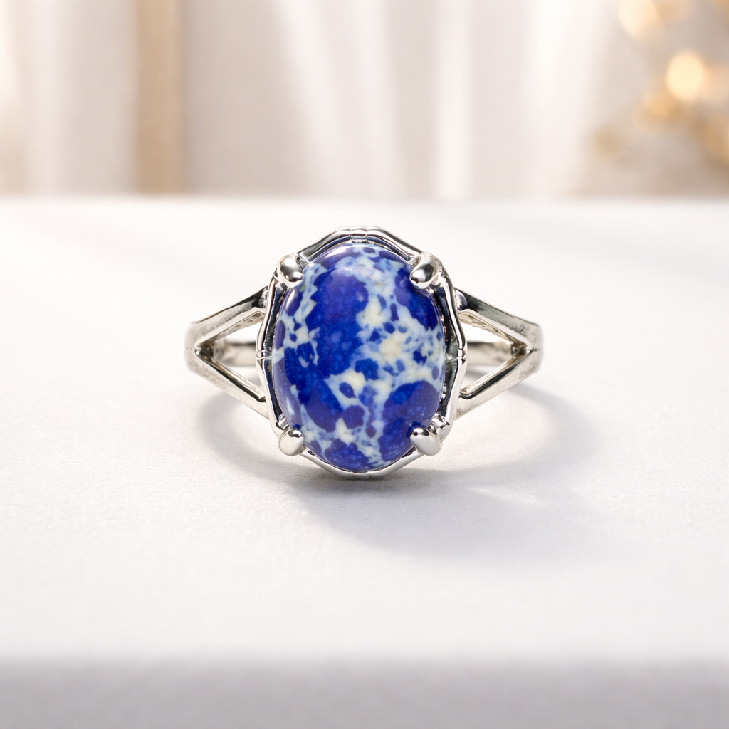 SR780 Blue Lace Agate (Blue + White )Oval Gemstone Ring