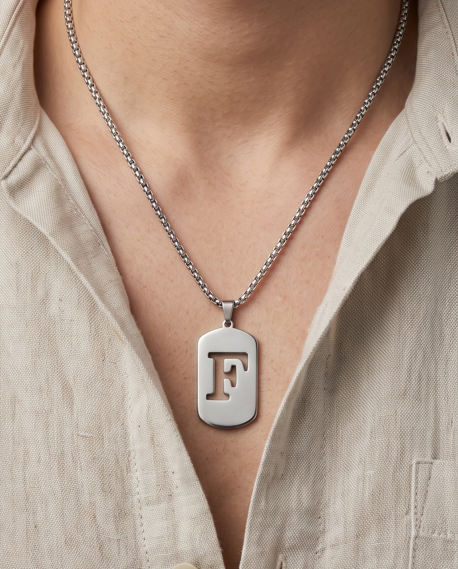 20' Diamond Cut Out Mirror Stainless Steel "F" initial Dog Tag Necklace