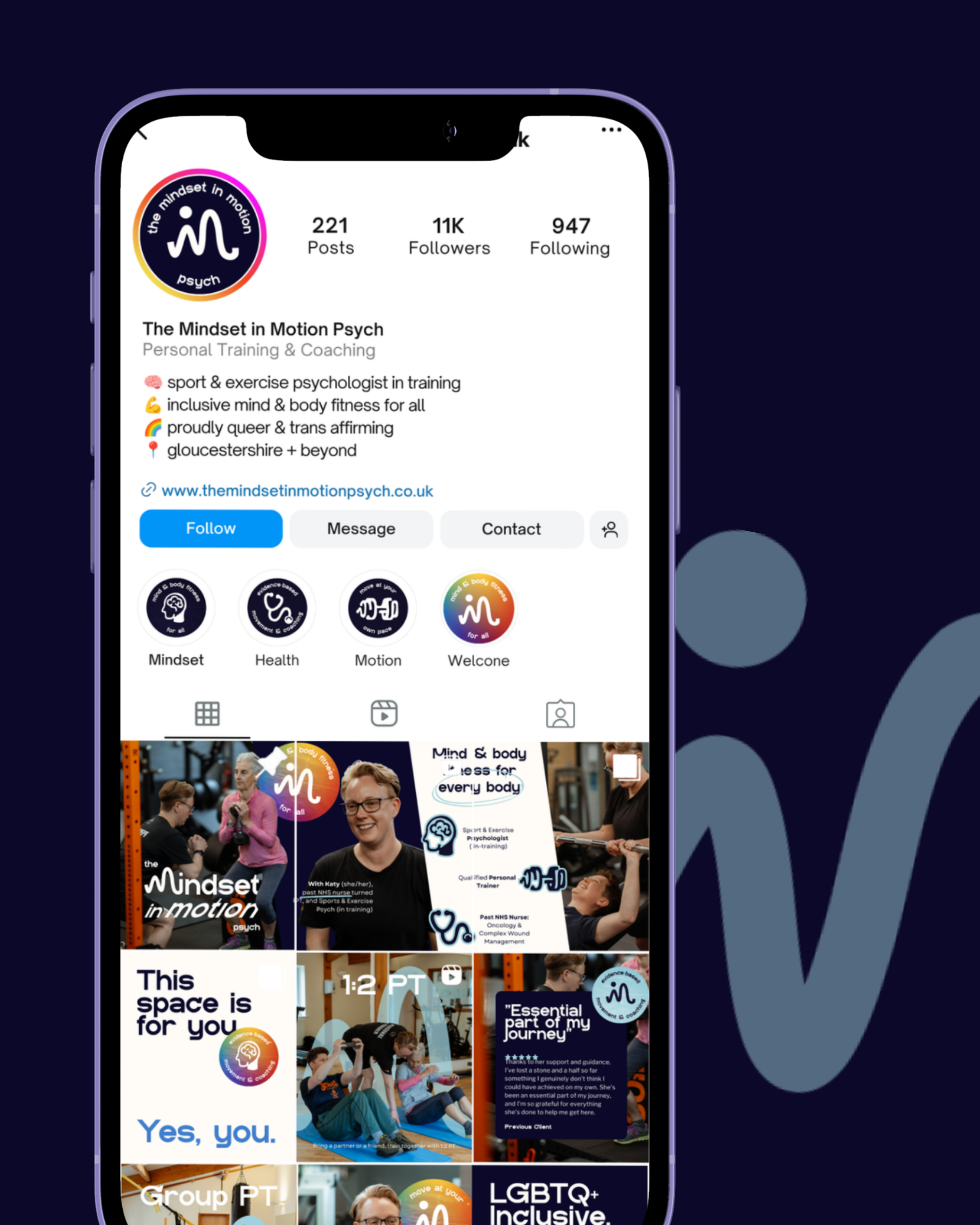 Screenshot of an Instagram profile page for 'The Mindset in Motion Psych' showing profile information, posts, followers, and following counts, along with some story highlights at the bottom.