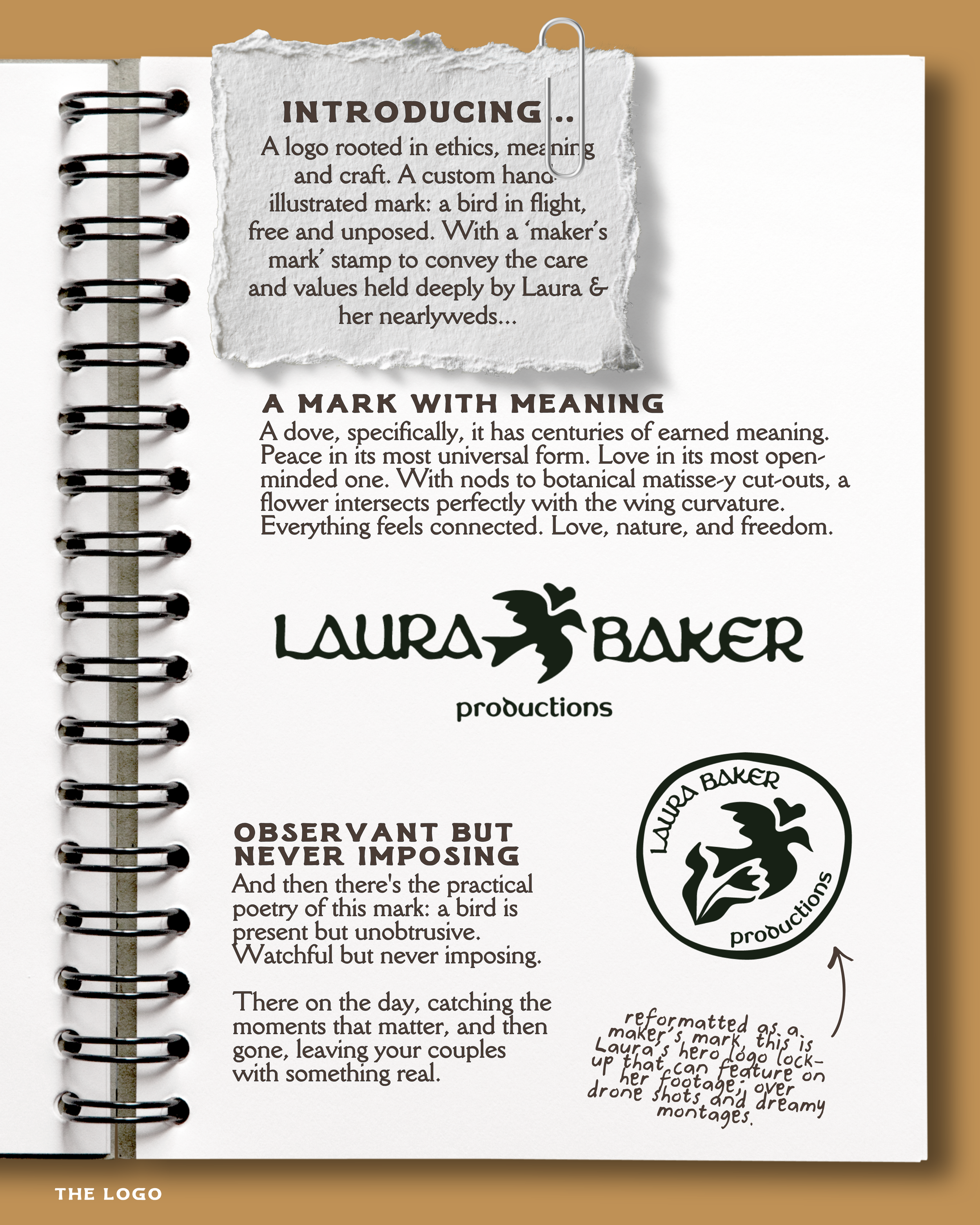 A page from a planner or notebook with text about Laura Baker, a logo, and a bird illustration. The page has a torn-paper effect at the top, and there is a paperclip holding the torn section. The text discusses the meaning of a logo rooted in ethics 