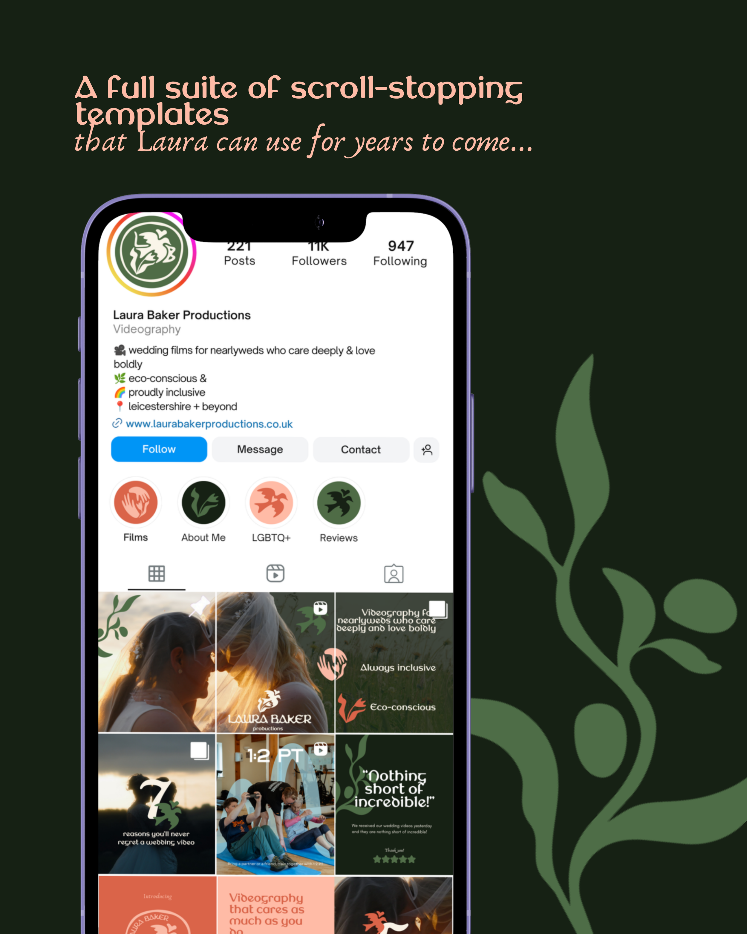 A mobile phone screen displaying a social media profile for Laura Baker Productions, a videography business. The profile includes the logo, number of posts, followers, following, bio description, website link, and navigation icons.