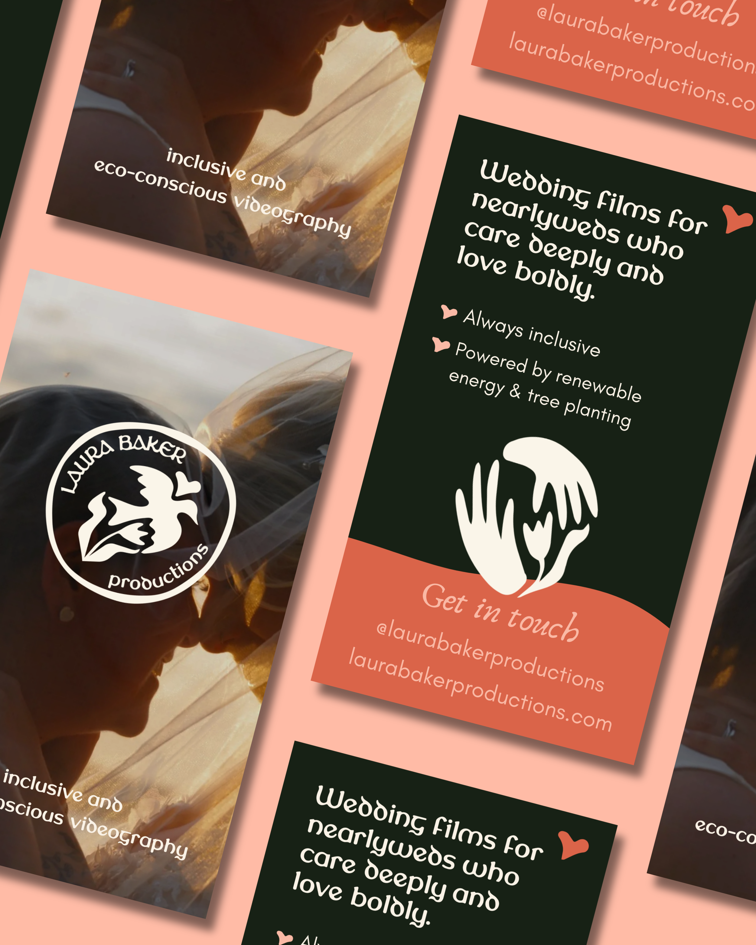 Collage of promotional images with text about wedding films for caring, loving couples, and eco-conscious videography, featuring the Laura Baker Productions logo and contact information.