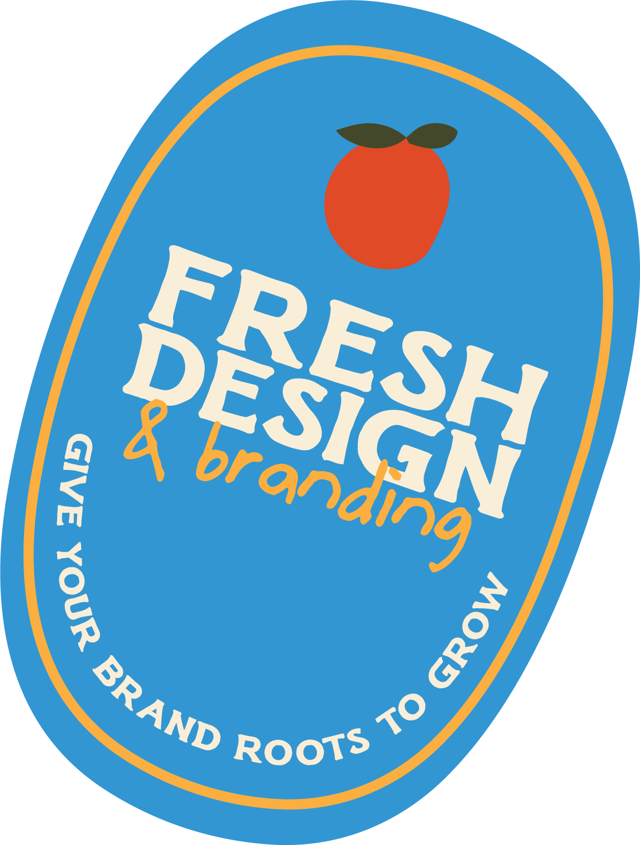 Logo for Fresh Design & Branding featuring an orange fruit and green leaves at the top, with the company slogan 'YOUR BRAND GOES TO GROW' in a circular layout around the blue background.