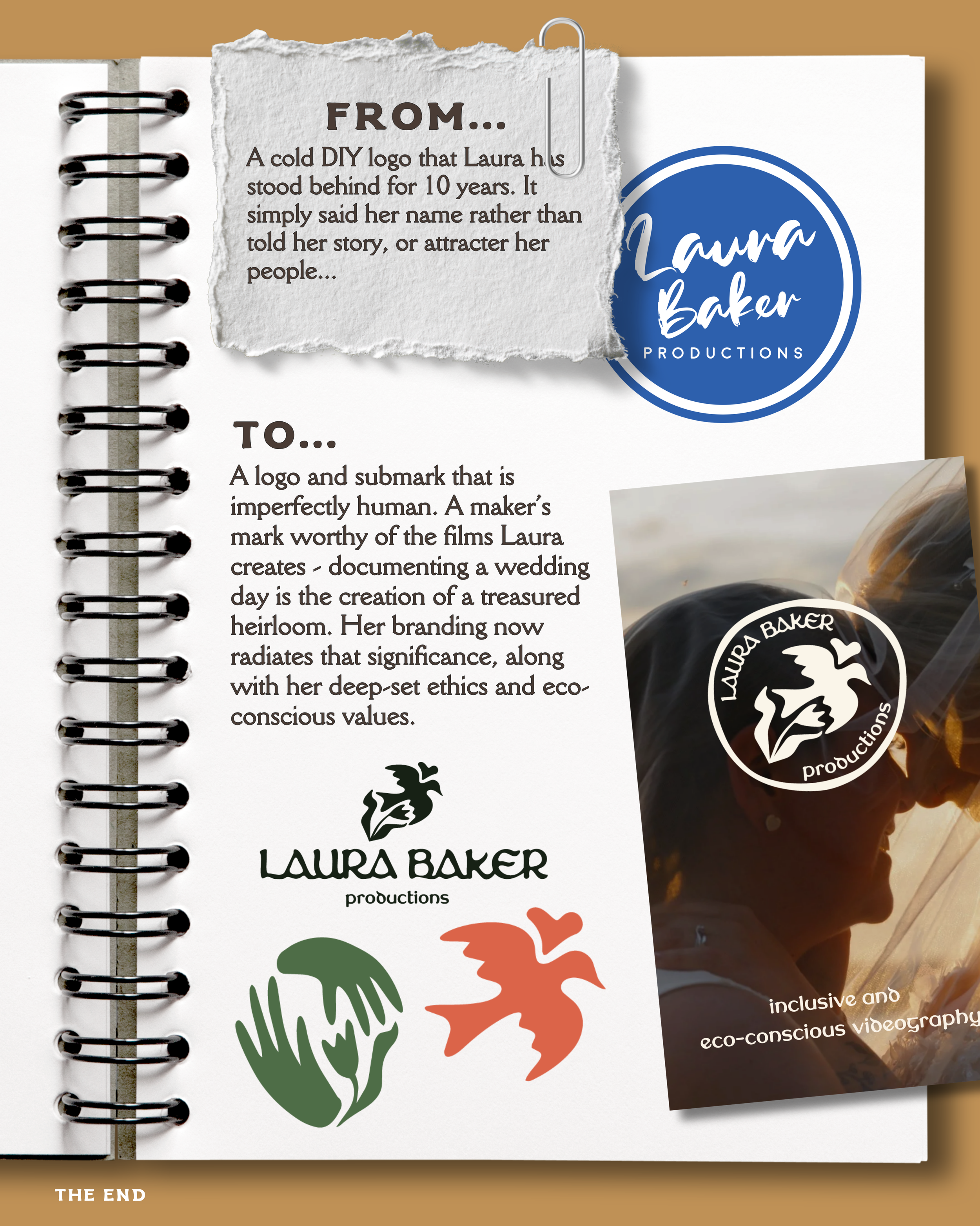 A spiral-bound notebook with a torn paper note on the left page and a circular logo on the right page. The note mentions Laura Baker and her DIY logo, while the logo features her name and a bird emblem. The background is a wooden surface, and there's