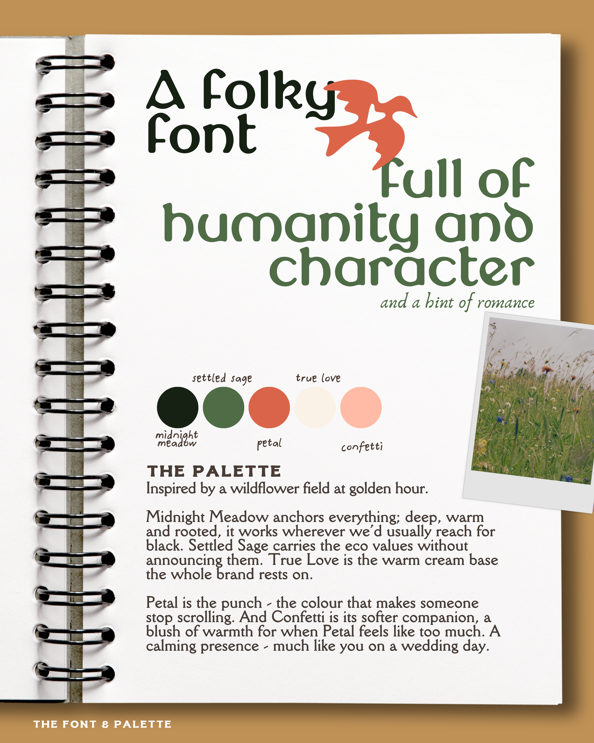Close-up of a book page showing the title 'A Folky Font Full of humanity and character' with a subtitle 'and a hint of romance' and color palette swatches labeled 'settled sage,' 'midnight meadow,' 'petal,' 'confetti,' and 'true love.' Part of a land