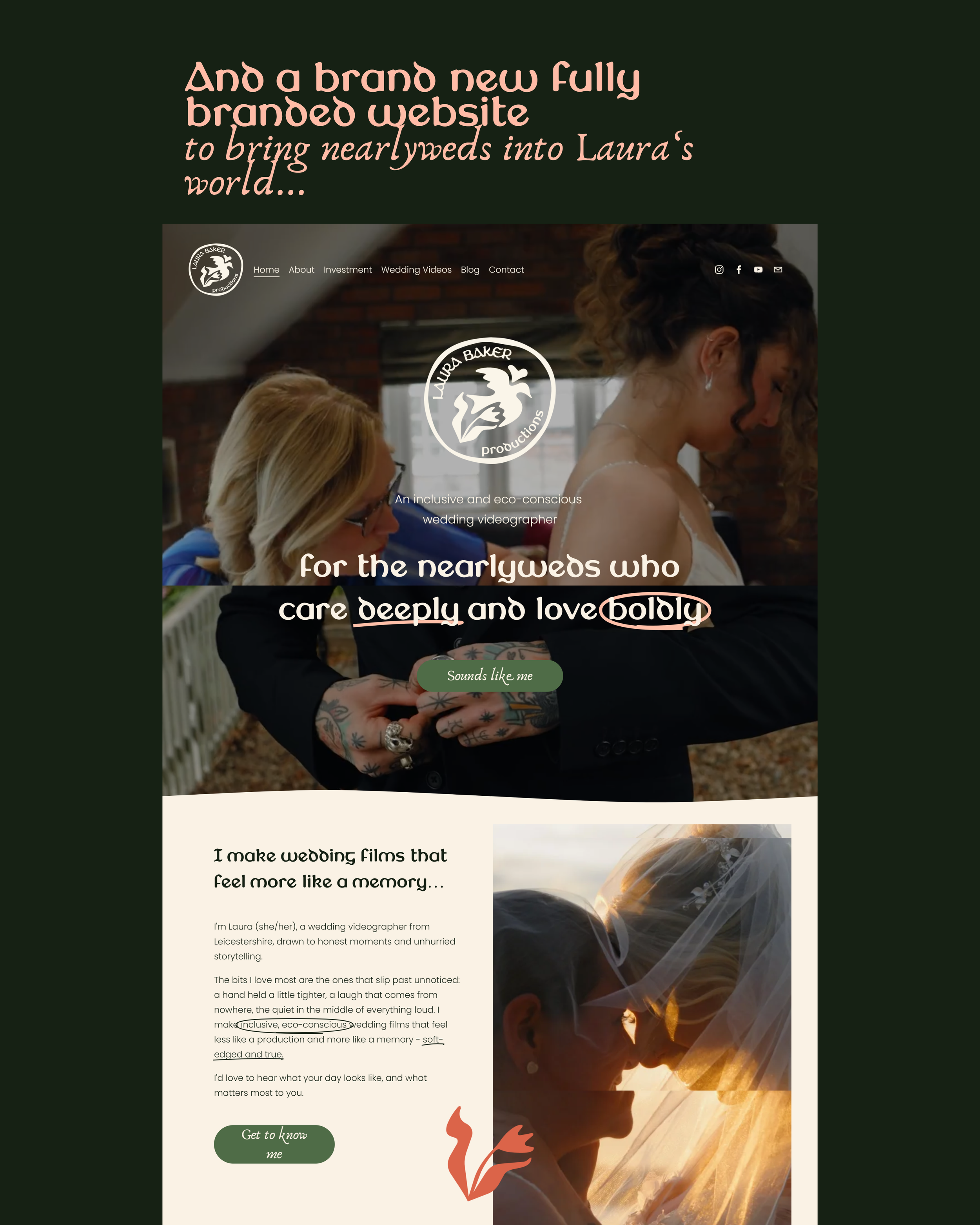 A wedding website showing a woman’s profile about to Kiss a groom or bride, backlit by sunset, behind the words "for the nearweds who care deeply and love boldly" in a romantic style, with a gold and beige color scheme and cursive typography.
