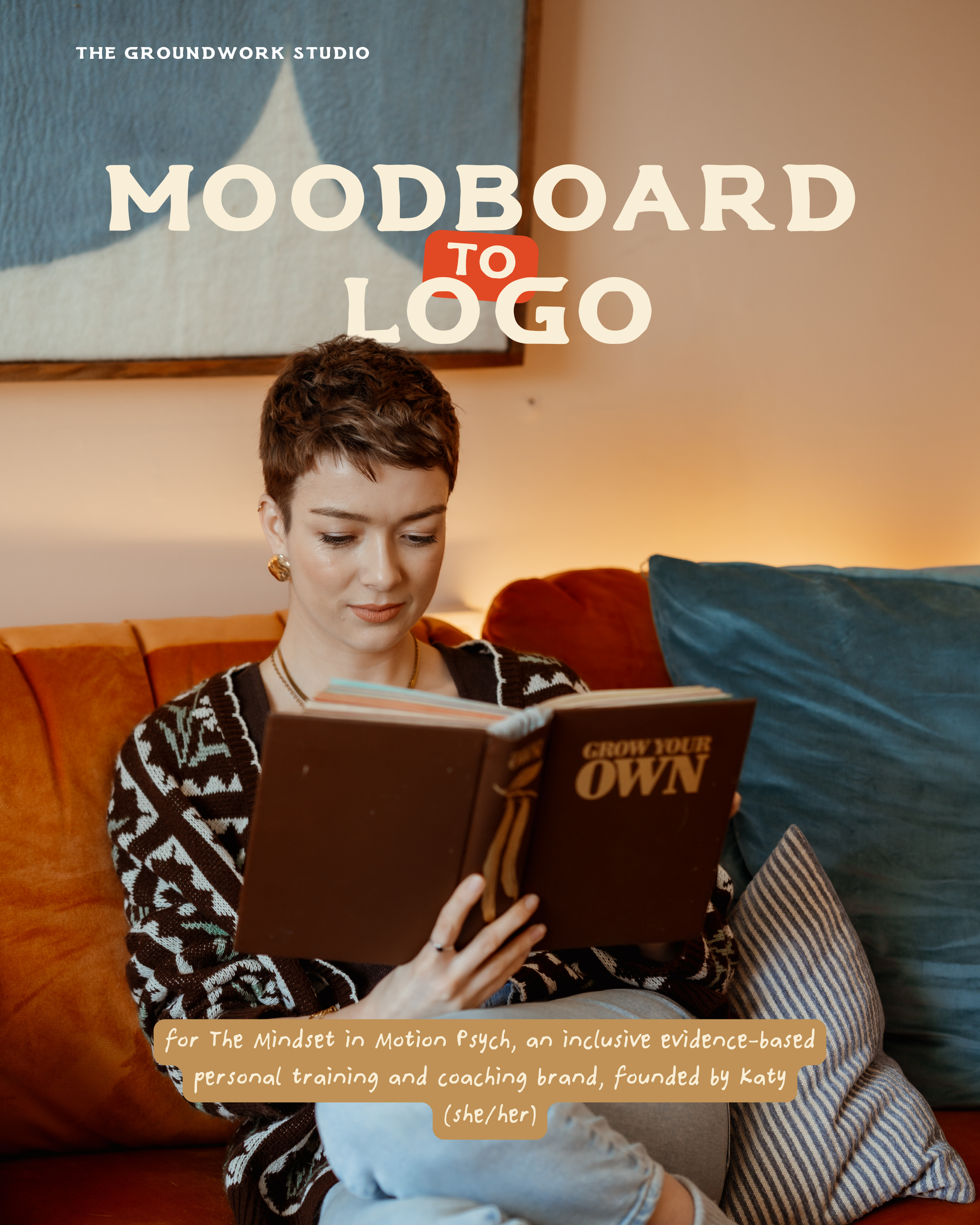 A woman with short red hair reading a book, seated on a sofa with a blue pillow, in a cozy room. The image includes overlaid text promoting a personal training and coaching brand founded by Katy, with a section describing the brand's focus on mindset