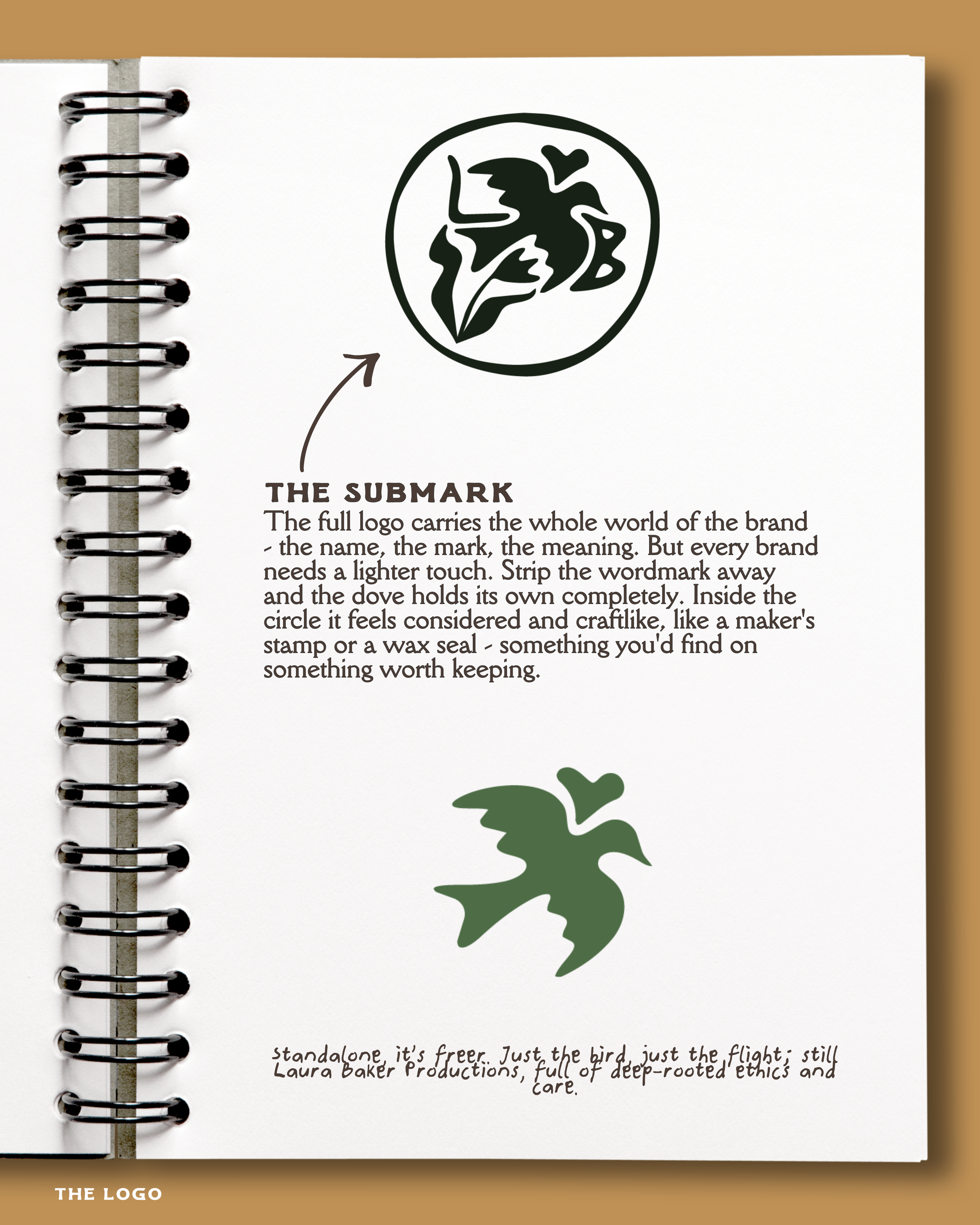 A page from a spiral-bound notebook with a black logo of a bird with wings and a leaf inside a circle. There is a description under the logo stating "The submark. The full logo carries the whole world of the brand - the name, the mark, the meaning. B