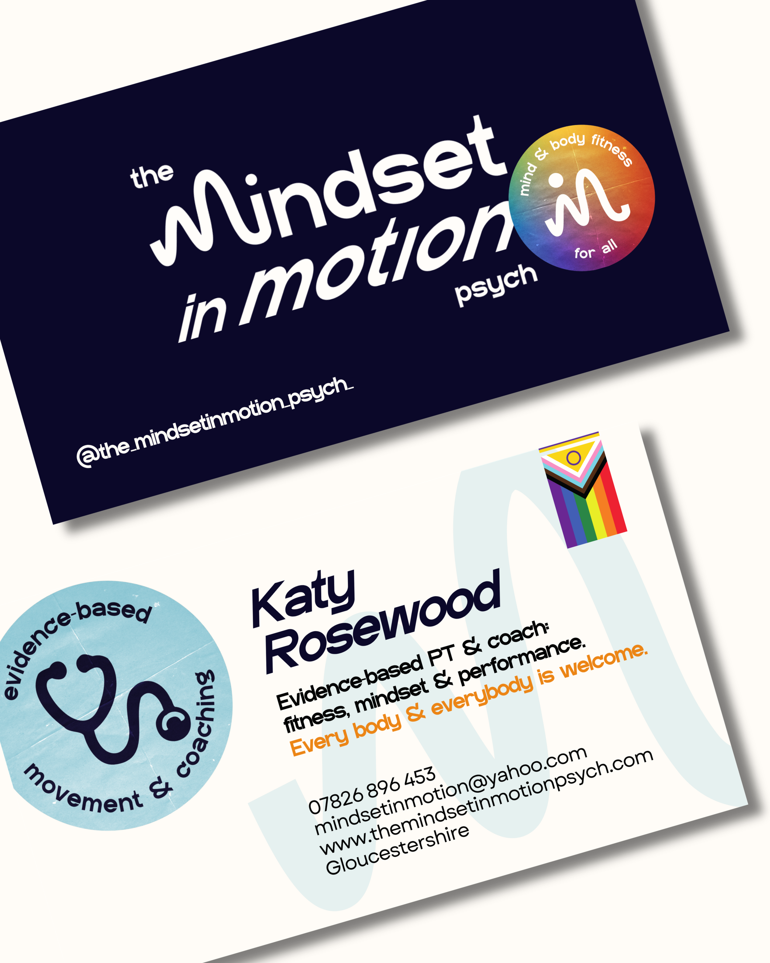Business card for The Mindset in Motion, a mental and physical fitness company; features a rainbow-colored circle with white text, and black text on a white background, including contact information and a website.