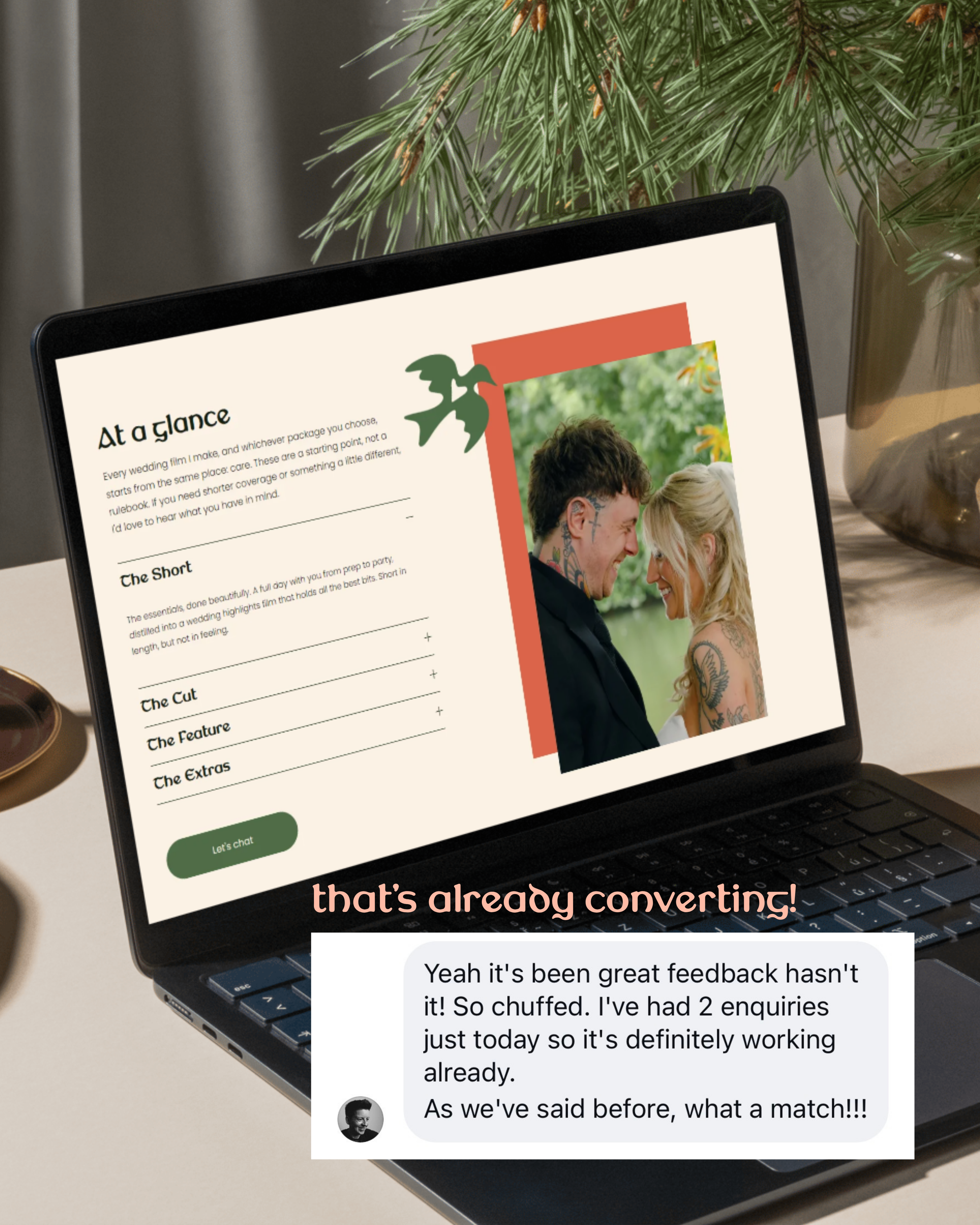 A laptop screen displaying a wedding photo and a webpage with text, alongside a chat conversation about the wedding. The laptop is on a desk near a potted plant with green leaves in the background.