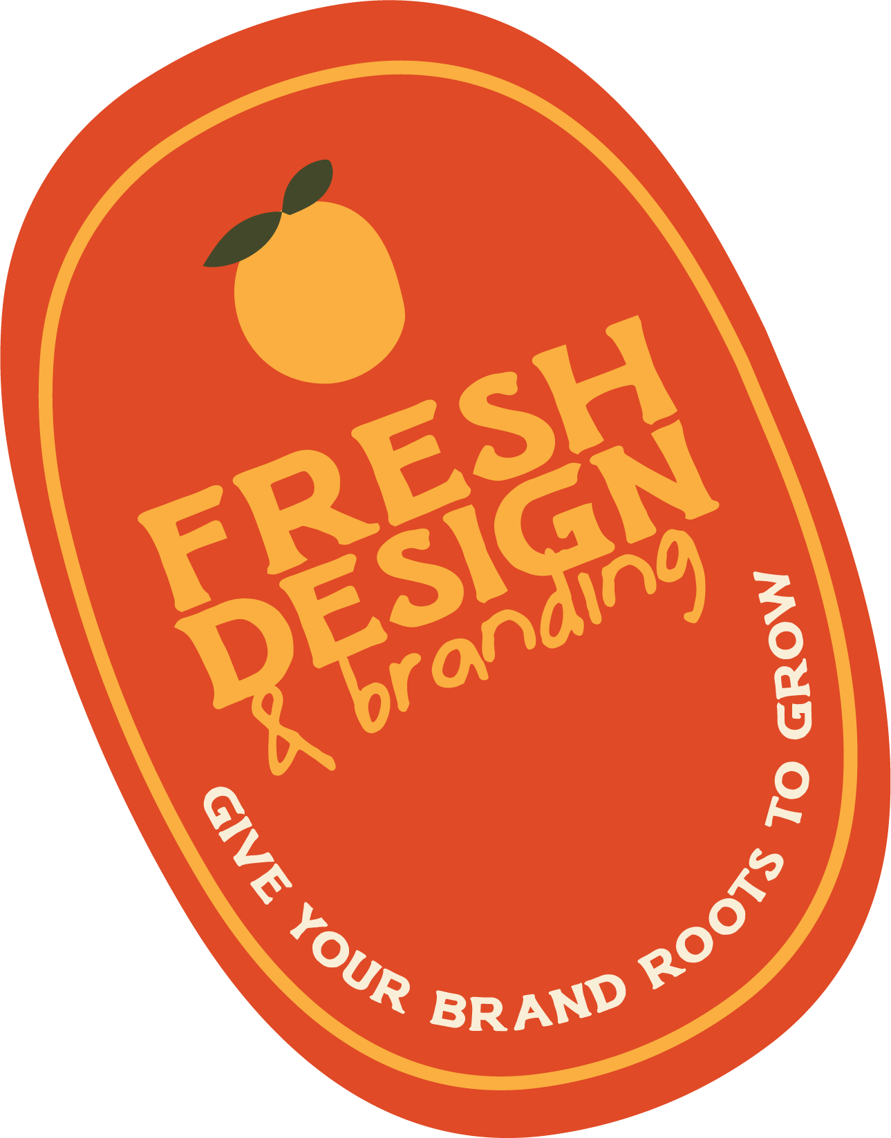 Orange sticker with a lemon illustration at the top and text that reads 'FRESH & DESIGN and branding' in the center, surrounded by a circular border that says 'GIVE YOUR BRAND ROOTS TO GROW'.