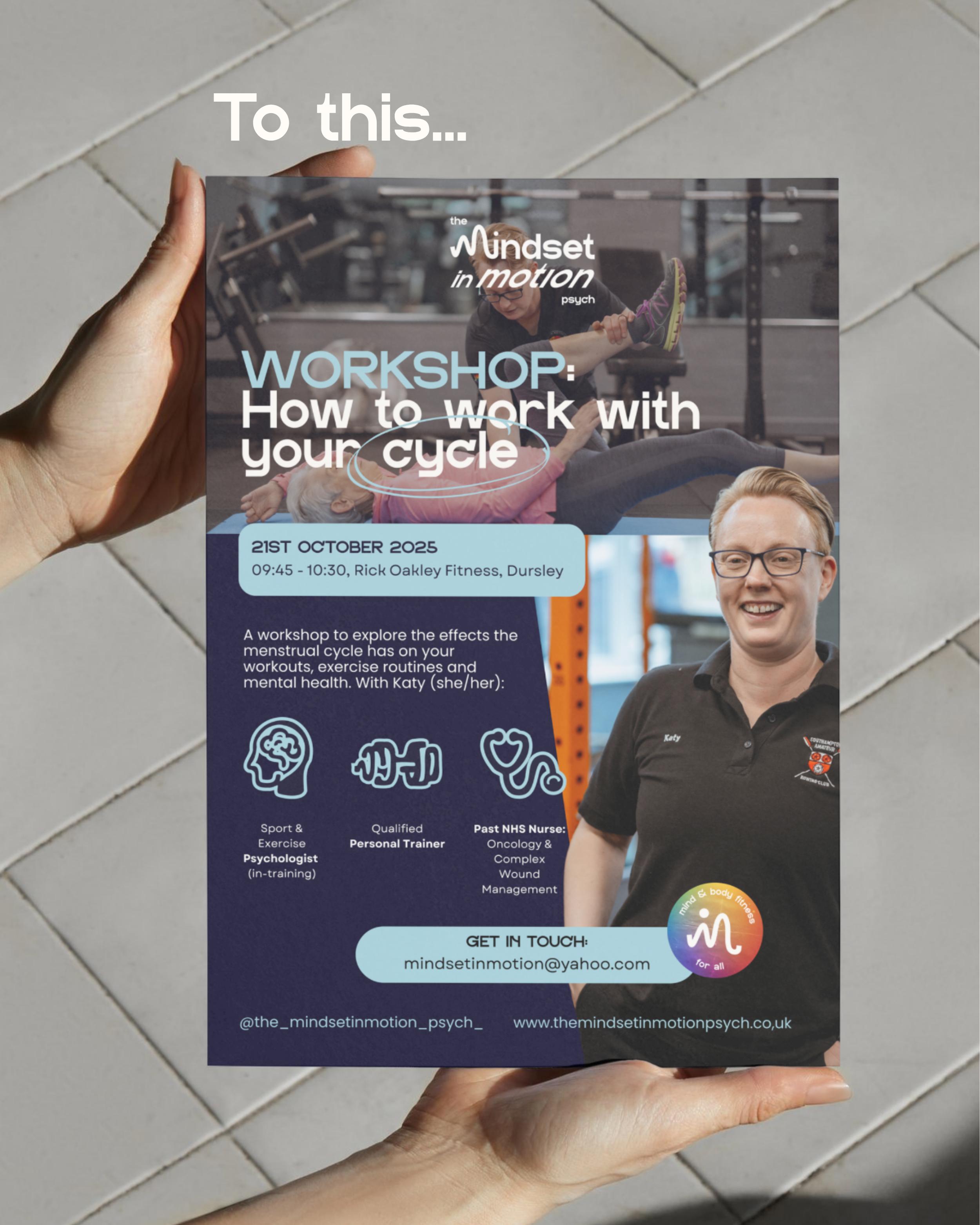 A person holding a flyer about a workshop titled "How to work with your cycle" scheduled for October 21, 2025, at Rick Oakley Fitness, Dursley. The flyer features images of a woman performing exercises and a man with glasses smiling, with contact inf