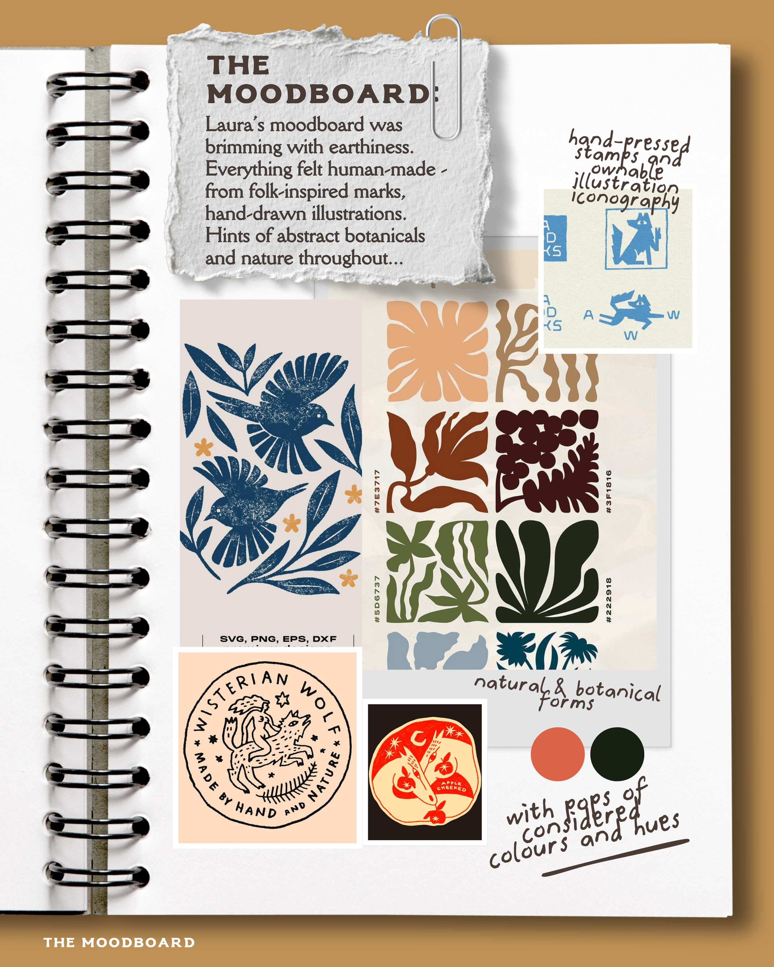 A scrapbook page featuring various botanical stickers, hand-drawn illustrations, and notes about natural botanical forms. There is a torn paper note explaining the moodboard's inspiration with details about folk-inspired marks, hand-drawn illustratio