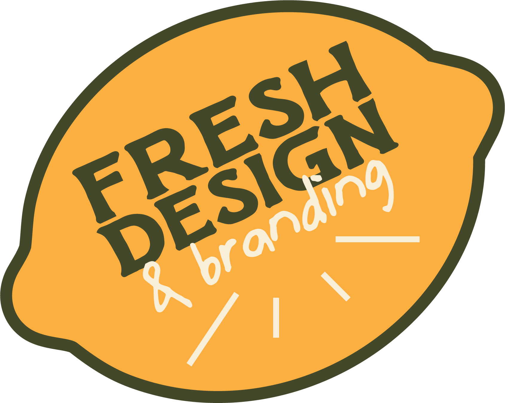 Illustration of a fruit sticker with the words "Fresh Design & branding " written on it in stylized font.