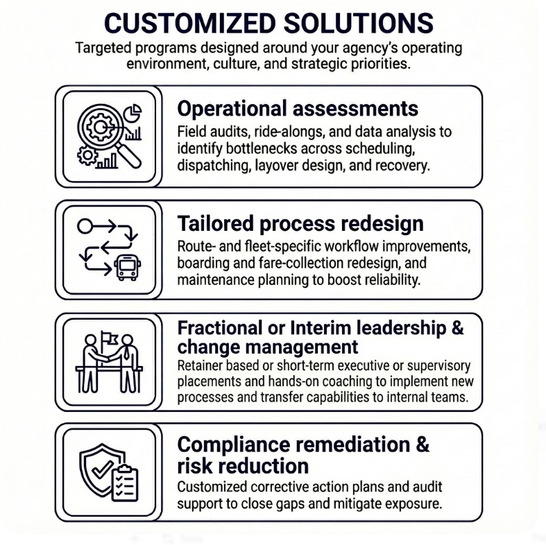 Customized Solutions infographic: Features operational assessments, tailored process redesign, fractional or interim leadership on a retainer basis, and compliance remediation.