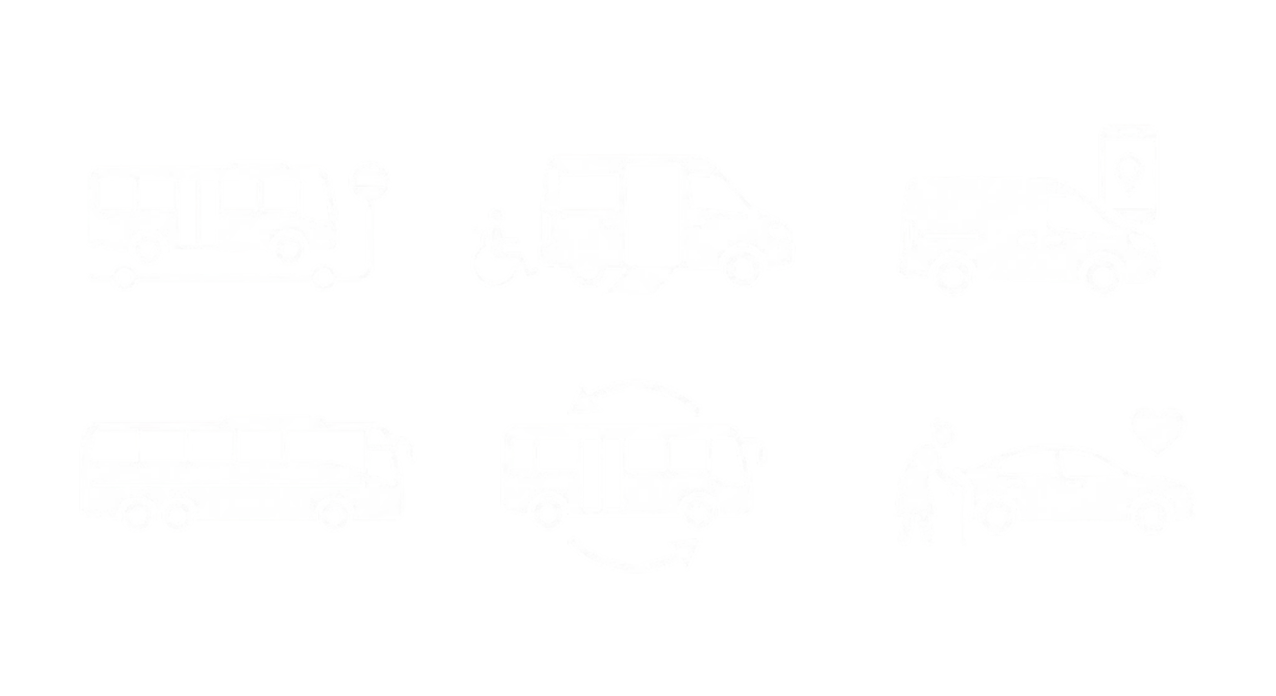 Row of white icons representing transit services: fixed route bus, paratransit van, microtransit, commuter coach, shuttle, and senior transportation minivan.