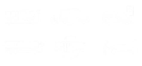 Row of white icons representing transit services: fixed route bus, paratransit van, microtransit, commuter coach, shuttle, and senior transportation minivan.