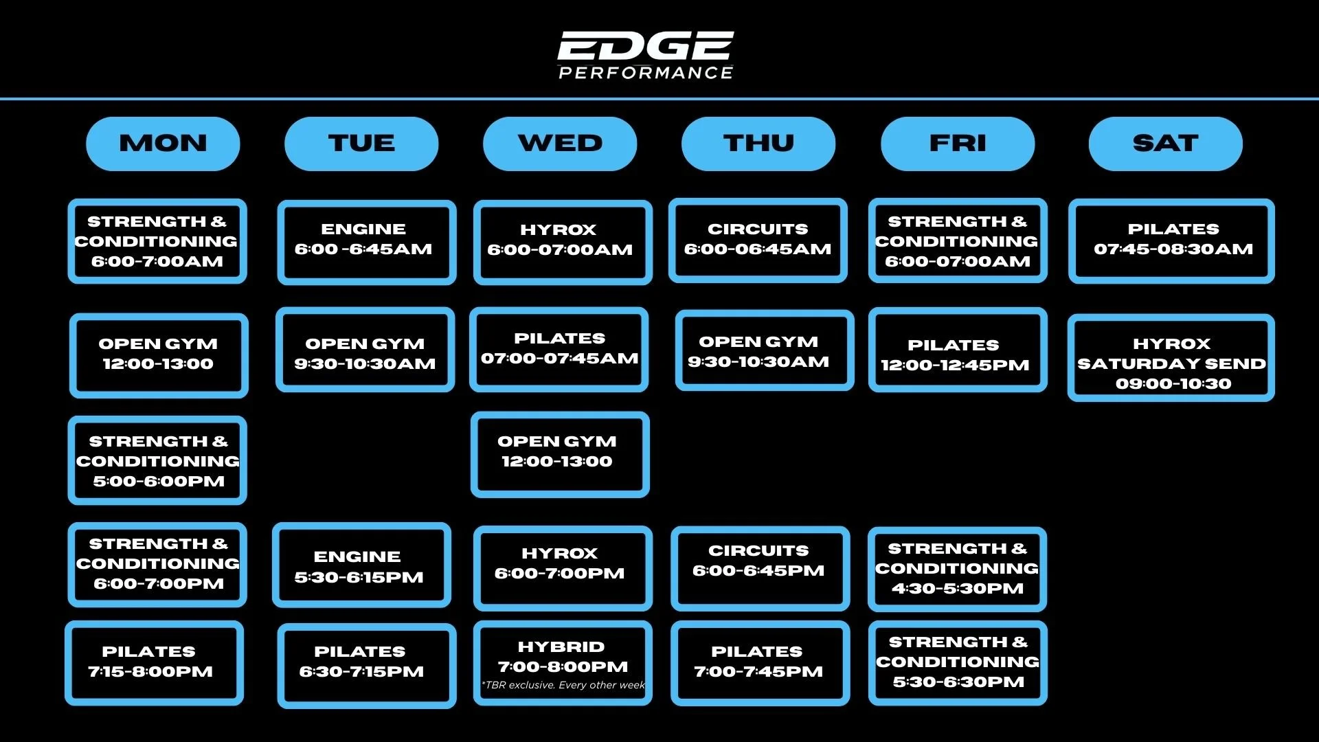 Weekly fitness class schedule for Edge Performance with classes including strength and conditioning, engine, Pilates, HIIT, circuits, and hybrid sessions from Monday to Saturday, with specific times listed.