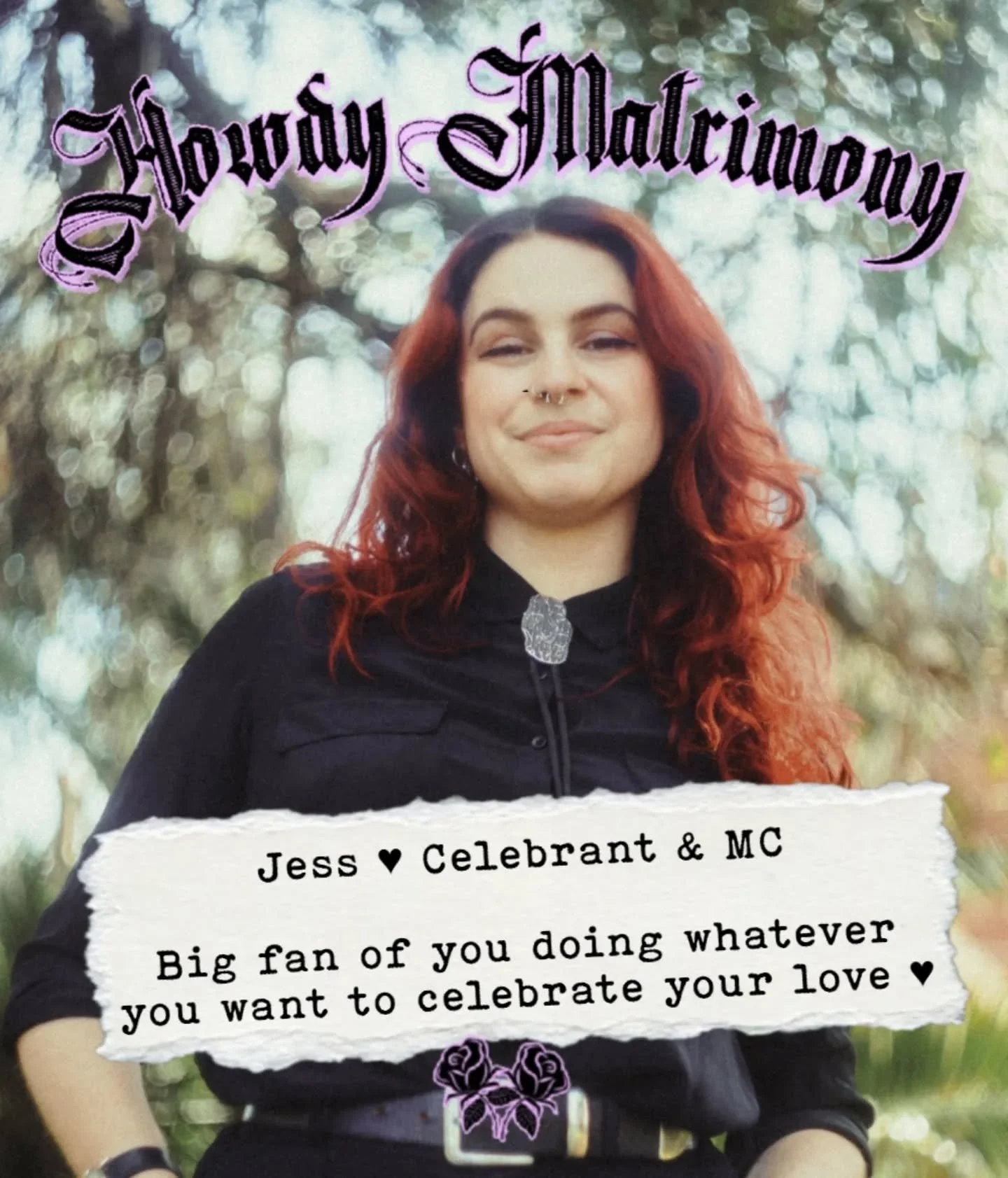 I'm Jess 🖤 Celebrant &amp; MC

Big fan of you doing whatever you want to celebrate your love 💘

www.howdymatrimony.com 

2027 OPEN 💋

📷 @painted.sun.in.abstract