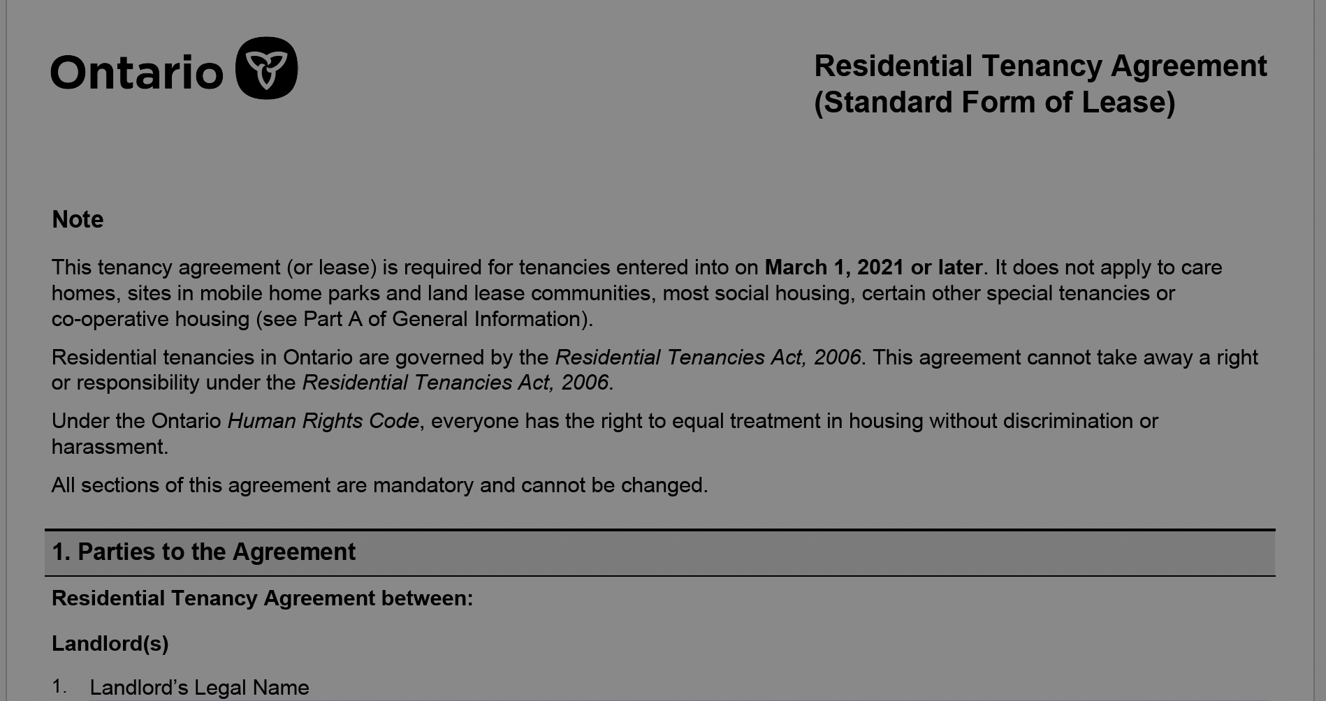 A legal document titled 'Ontario Residential Tenancy Agreement (Standard Form of Lease)' with sections outlining tenants' rights and responsibilities, including information on tenancy laws in Ontario, Canada.