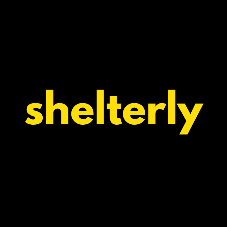 The word 'shelterly' in large yellow letters on a black background.