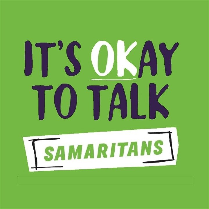 Message on a green background stating 'It’s okay to talk Samaritans' with emphasis on the words 'Okay' and 'Samaritans'.