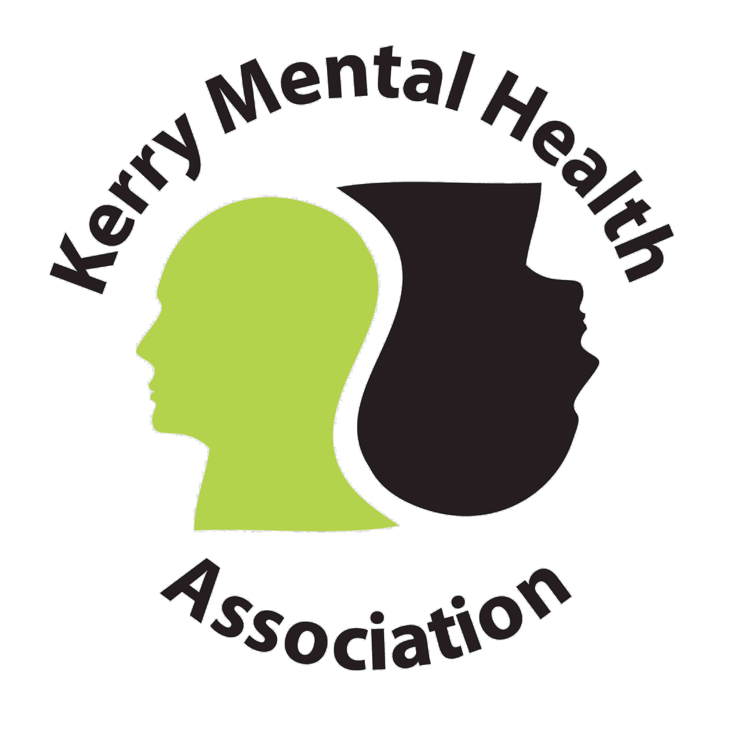 Logo for Kerry Mental Health Association featuring a green silhouette of a woman facing left and a black silhouette facing right, with the organization's name curved above and below.