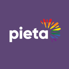 Pieta logo with colorful semicircle design on a purple background