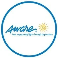 A circular logo with the word 'Aware' in blue cursive font, a yellow sun icon, and the tagline 'Your supporting light through depression'.