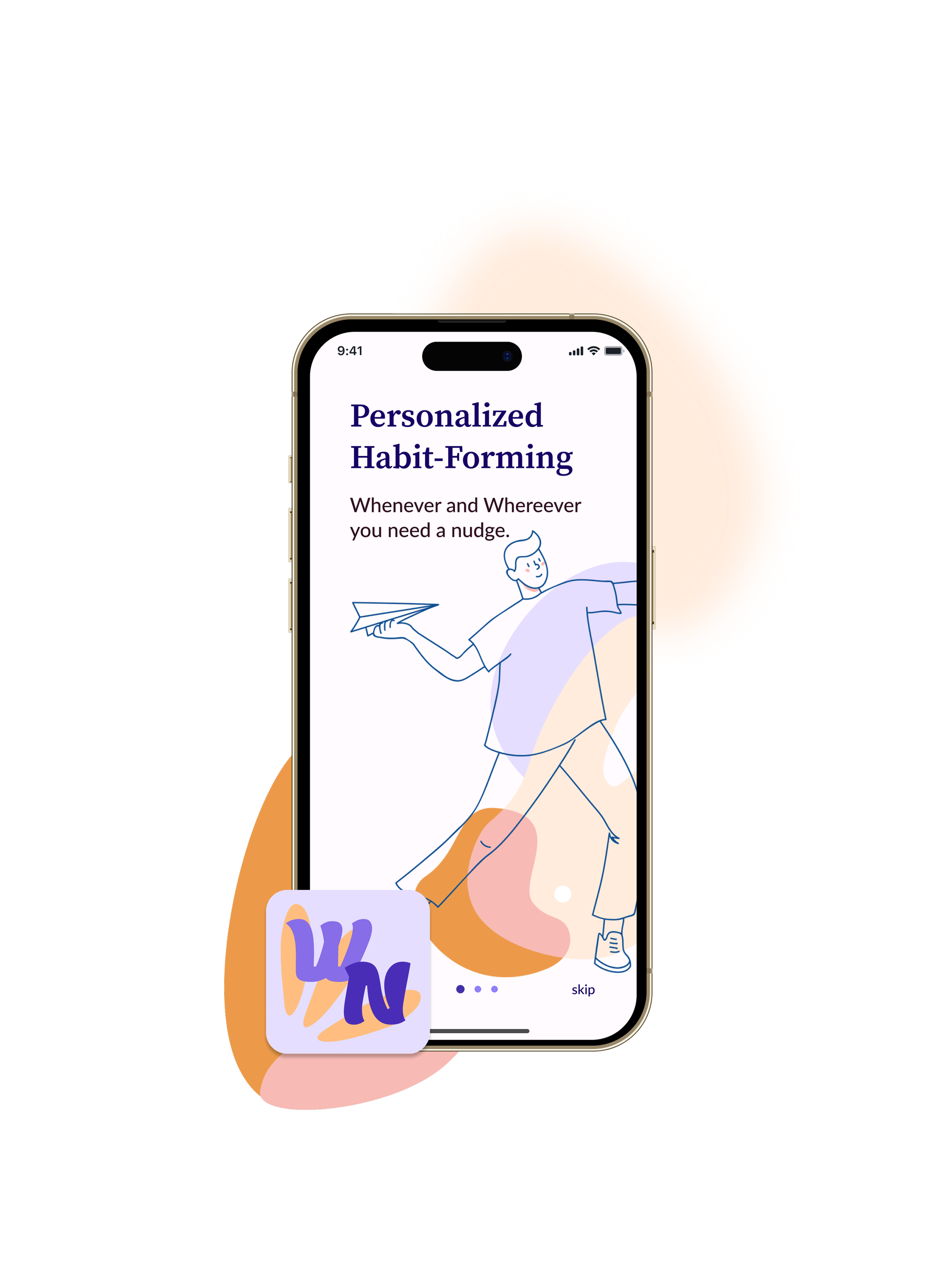 image of the well nudge onboarding screen and app icon