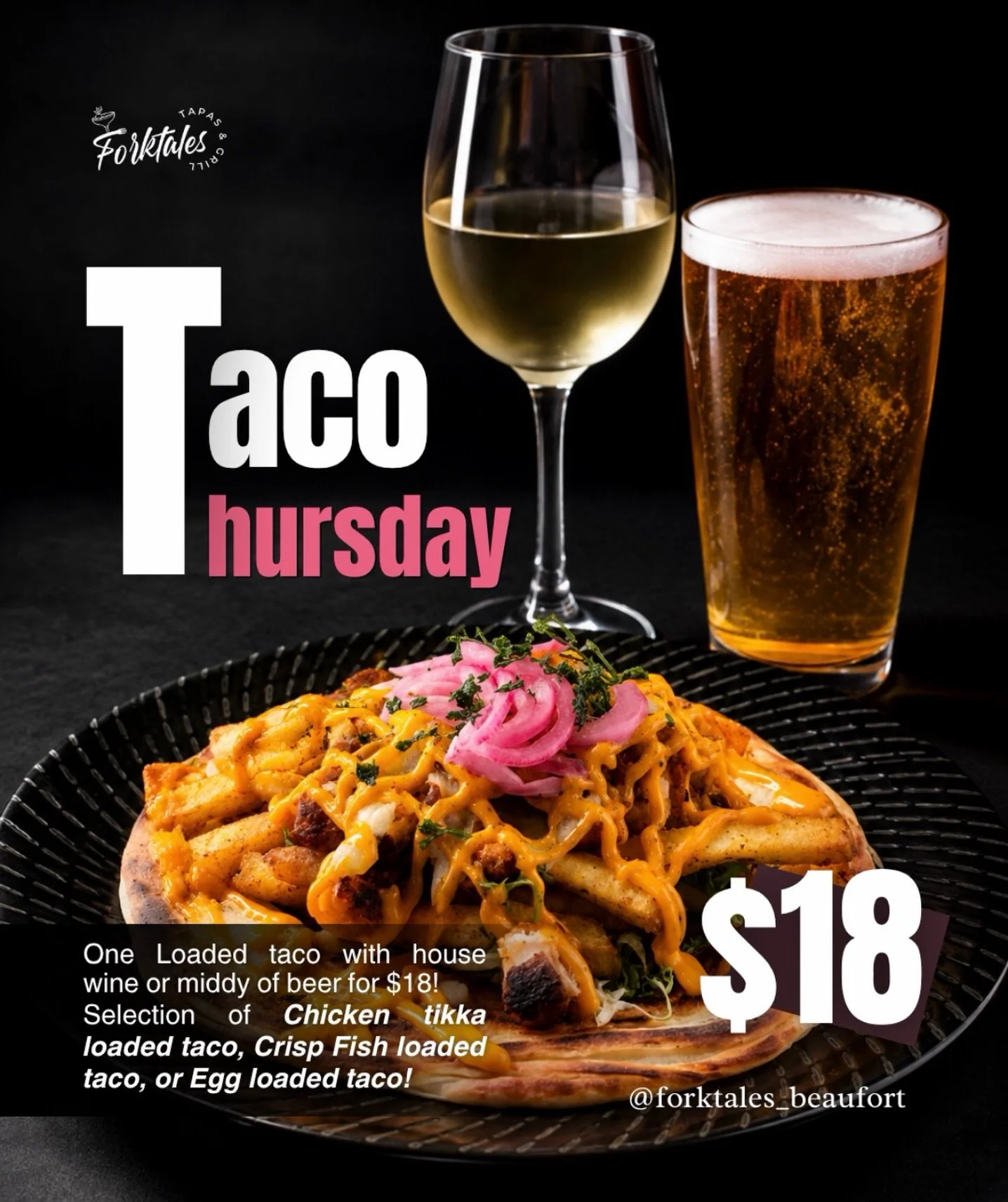 Not your average taco night 🌮

Giant Parotha Tacos loaded with bold Indo-Mexican flavours, paired with a cold middy or house wine. All for $18, between 4pm - 6pm.

Reserve your spot now 📍