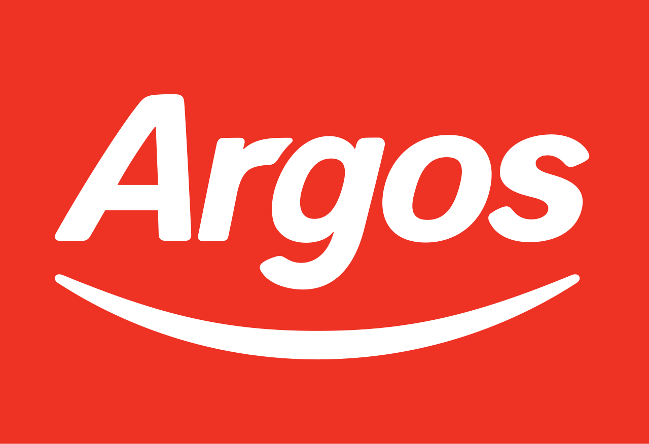 A red background with the word 'Argos' in large white letters and a white curved line underneath resembling a smile.