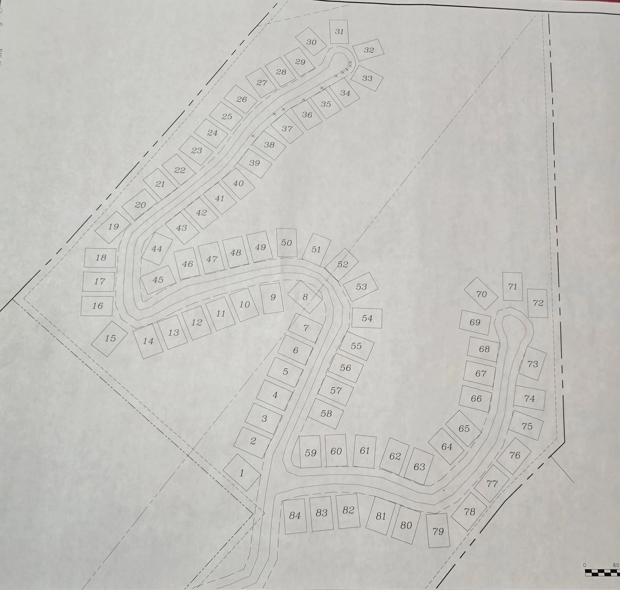 A black-and-white site plan layout of lots that are available for lease.