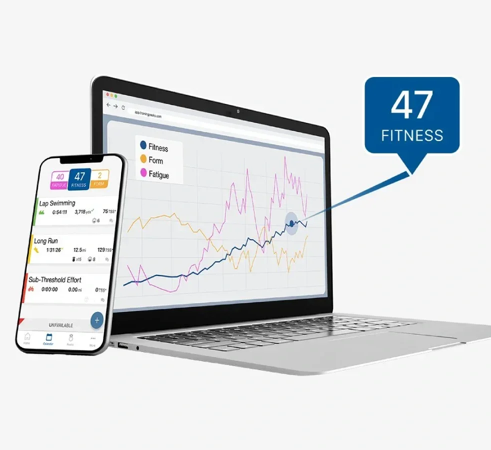 A laptop and smartphone displaying fitness tracking data and graphs.