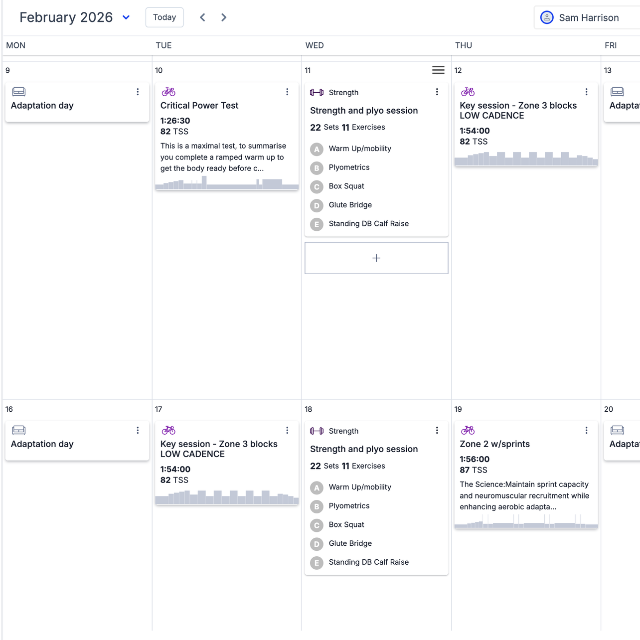 Weekly workout calendar for February 2026 showing strength training sessions, bike rides, and adaptation days, with specific exercises listed and durations for each session.