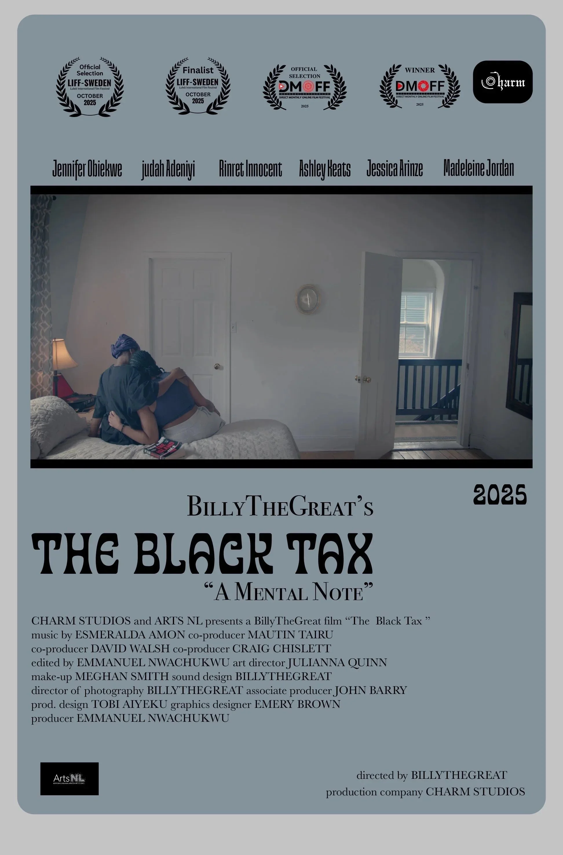 Poster for the film "The Black Tax" directed by BillyTheGreat, featuring an award notice, cast names, and a scene of two people hugging in a bedroom.