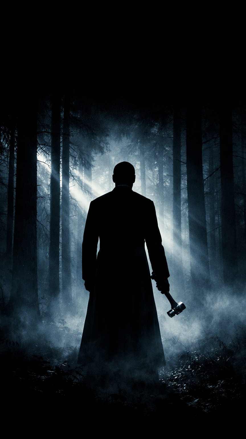 Silhouette of a man holding a hammer in a dark, foggy forest with tall trees and beams of light filtering through.