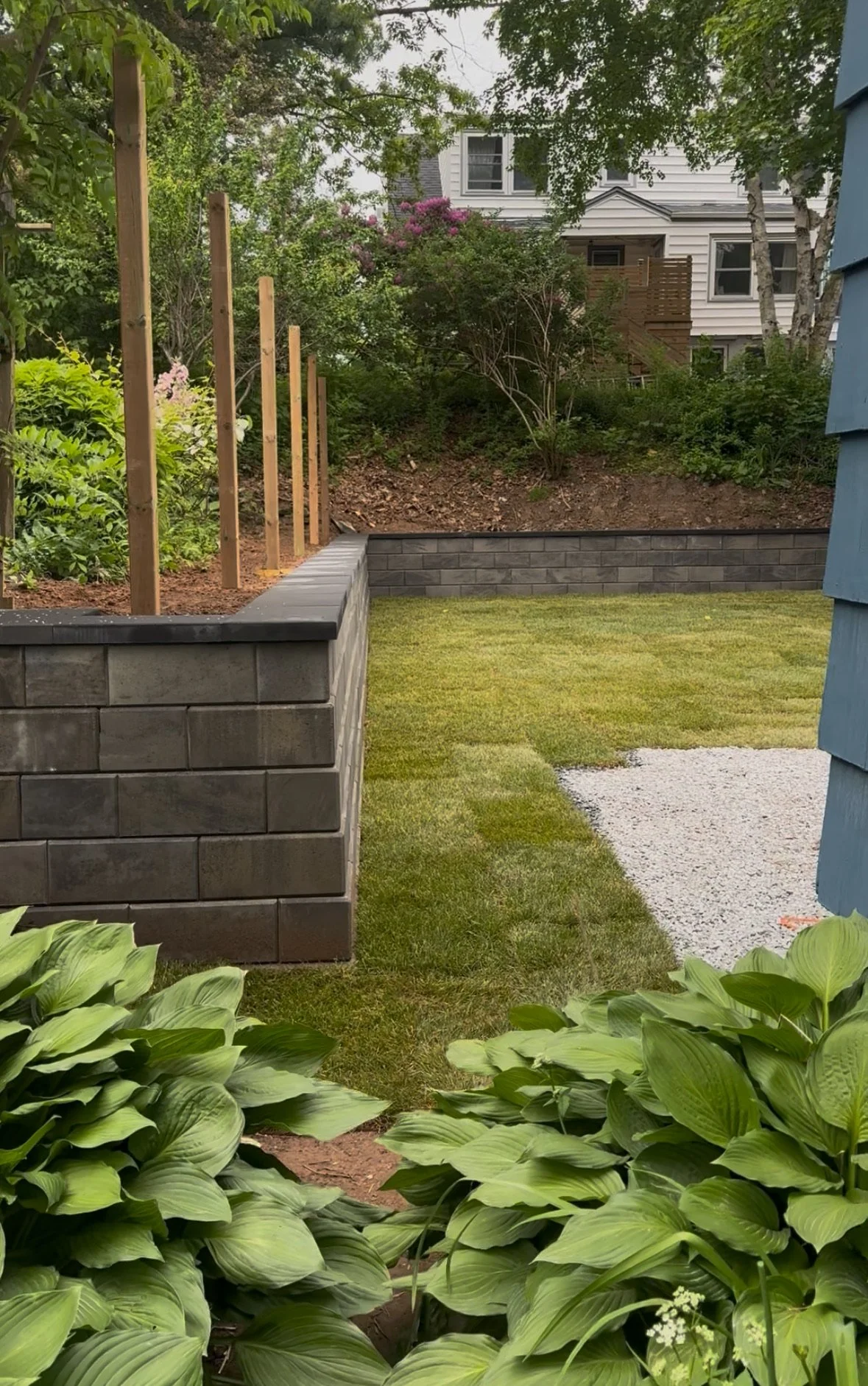 A backyard with newly laid sod grass, a gray brick retaining wall, and green bushes in the foreground. There are wooden fence posts, some bushes, flowering shrubs, and a white house on a hill in the background.
